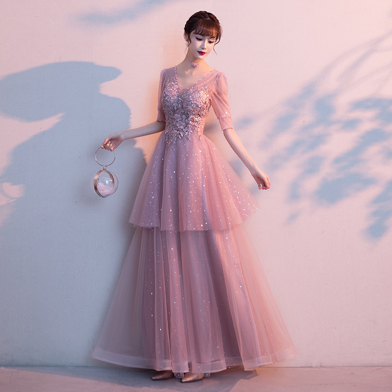 Lovely Pink Shiny Tulle With Lace Party Dress, Long Evening Formal Dress