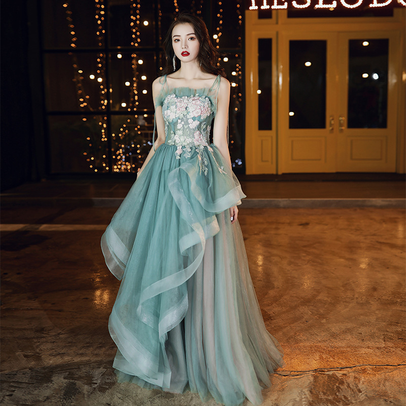 Beautiful Green Tulle and Pink Straps Long Prom Dresses with Straps, Long Party Dresses