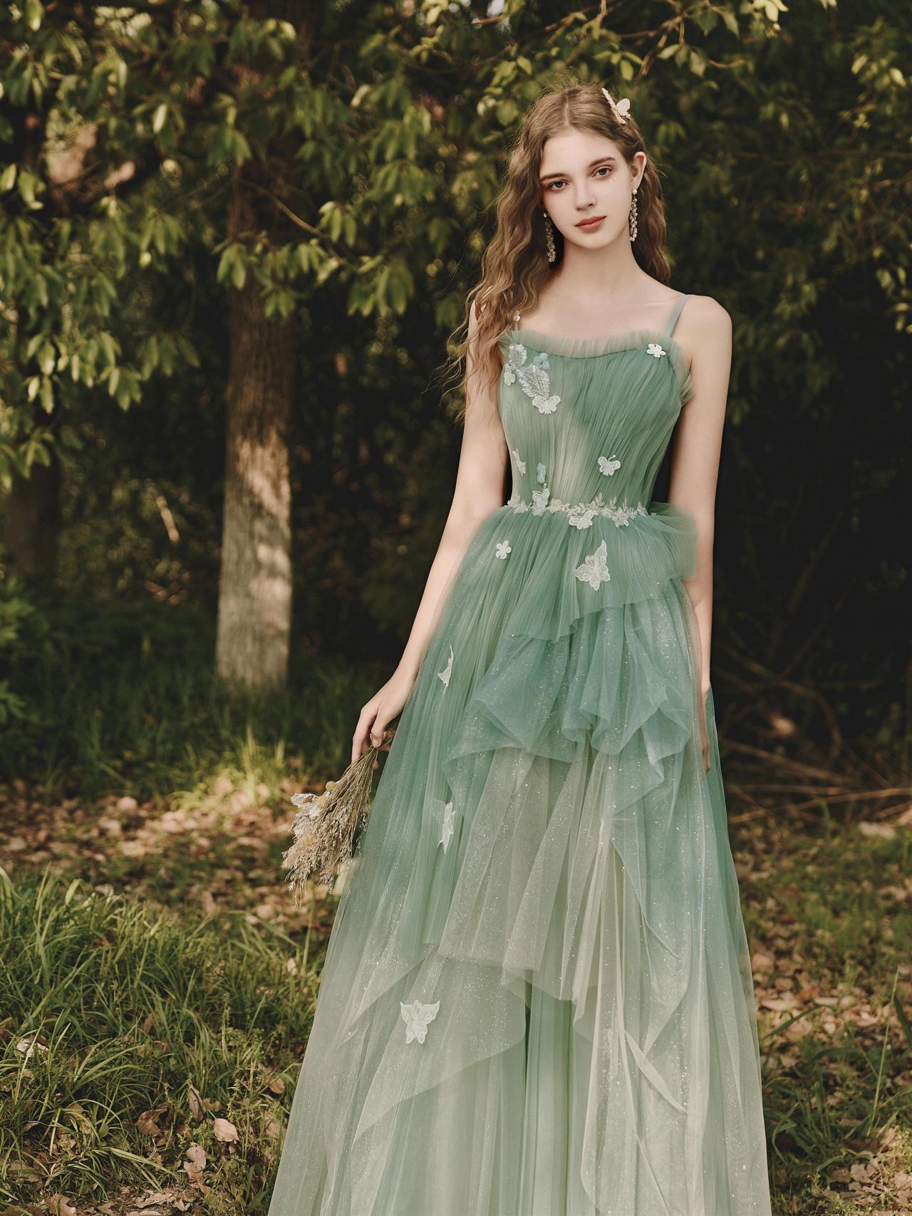 Green Gradient Tulle With Straps Long Prom Dress, Green Formal Dress Party Dress