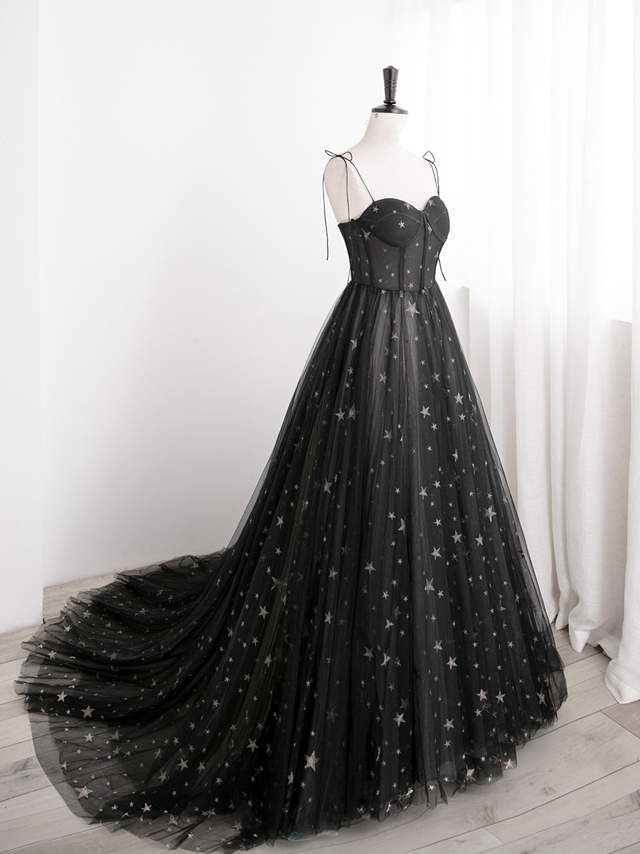 Black Sweethart Tulle Straps A-line Long Evening Gown Formal Dress, Black Prom Dresses