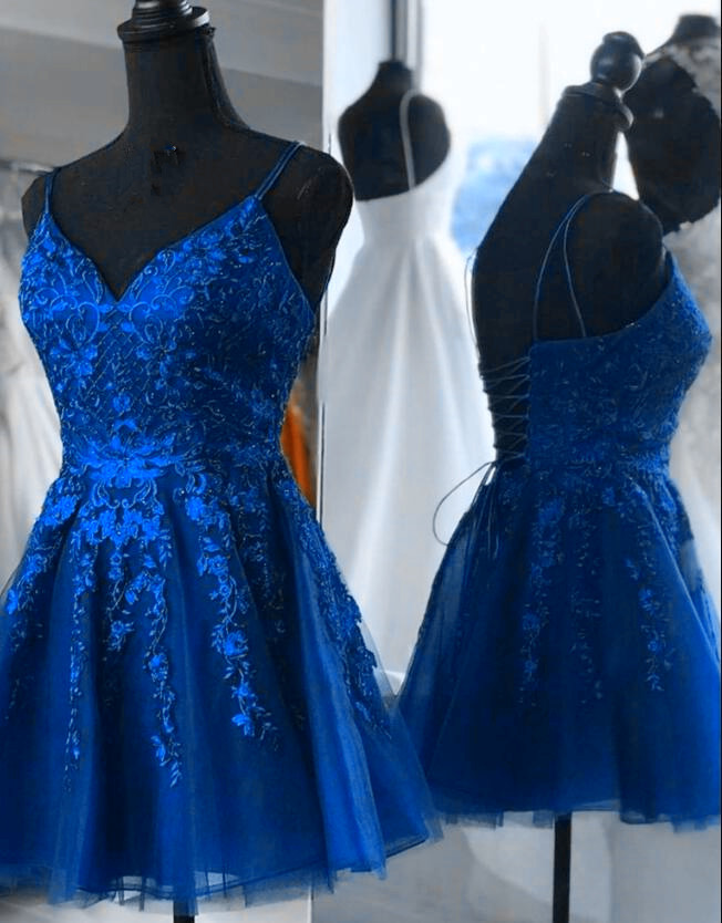 Lovely Tulle With Lace Straps Short Homecoming Dress, V-neckline Blue Prom Dresses