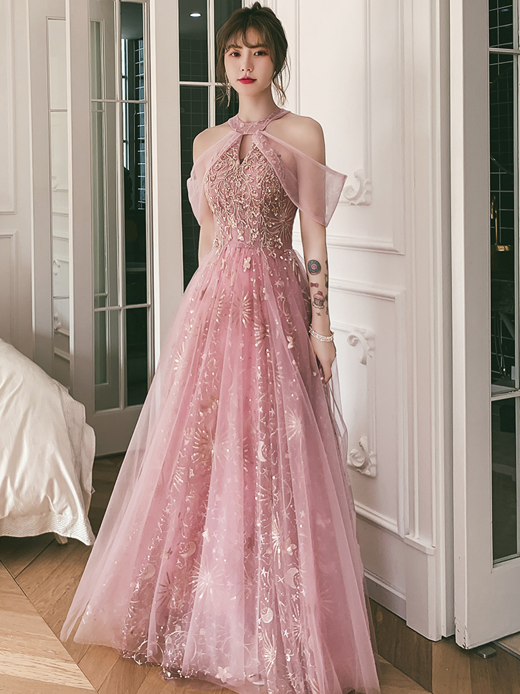 Lovely High Neckline Tulle A-Line Long Formal Dresses, Pink High Neckline Party Dresses Prom Dresses