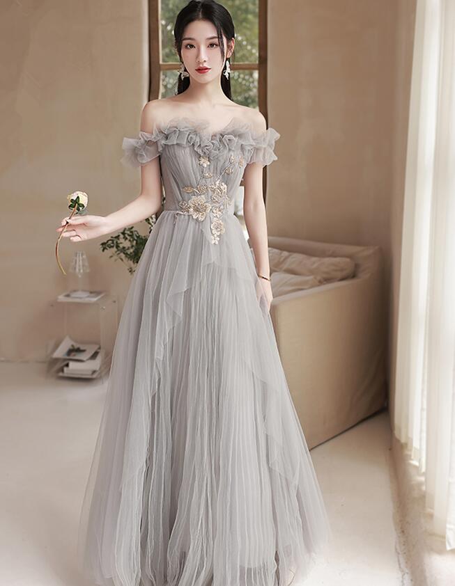 Lovely Grey Off Shoulder Tulle Prom Dress With Lace, Long Formal Dresses