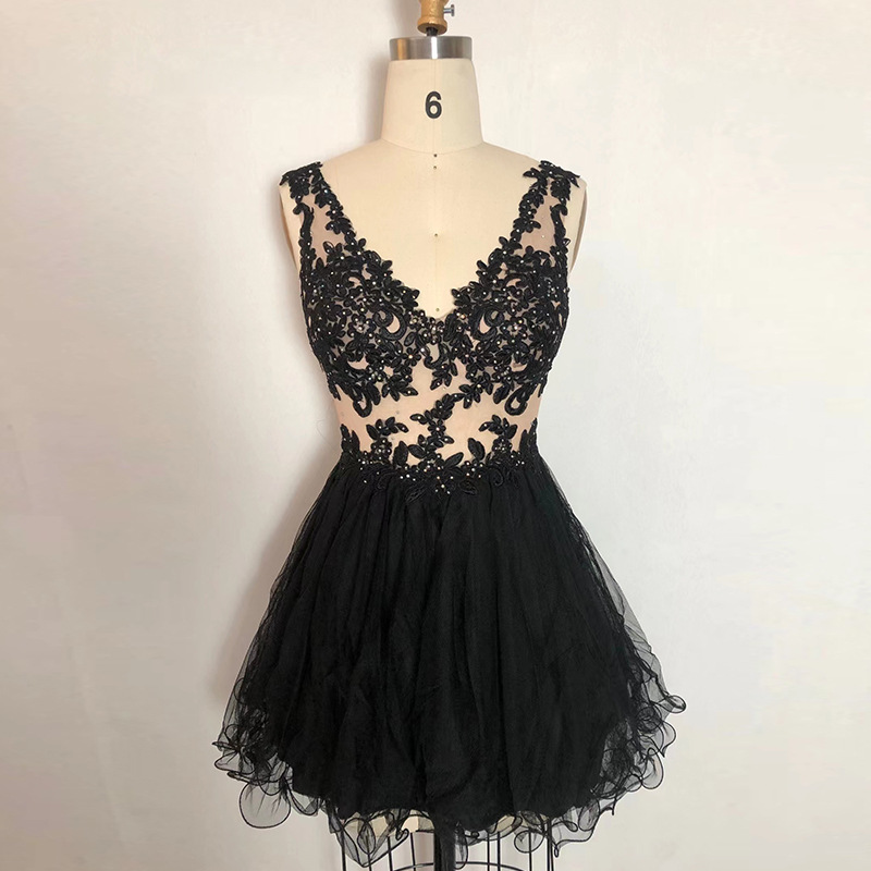 Lovely Black Short Mint Tulle With Lace Low Back Party Dresses, Black Evening Homecoming Dresses