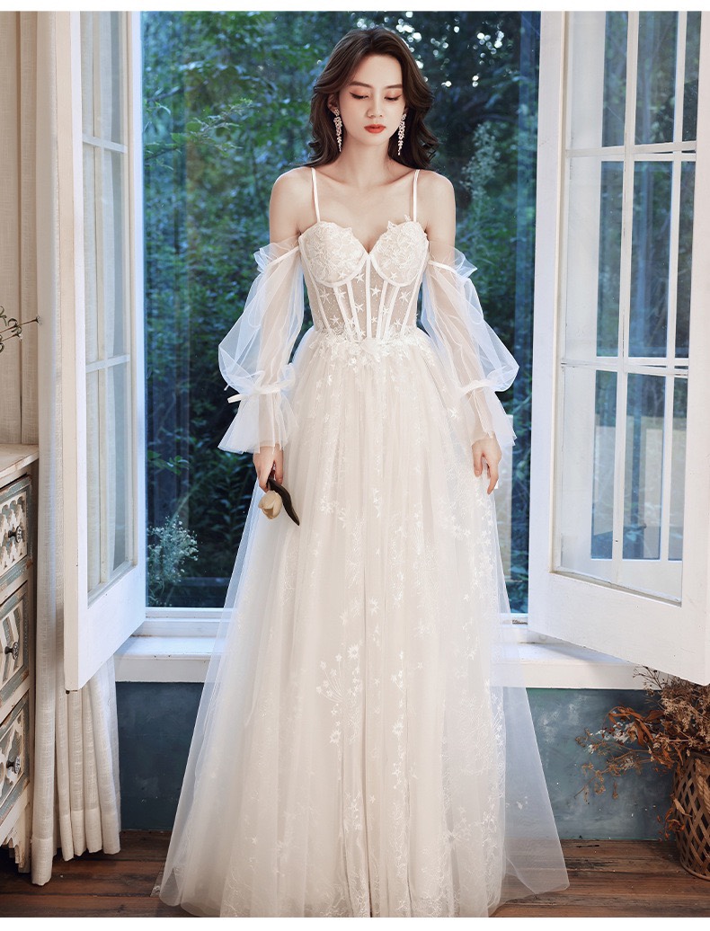 Beautiful White Lace Sweetheart Long Sleeves Formal Gown, White Evening ...