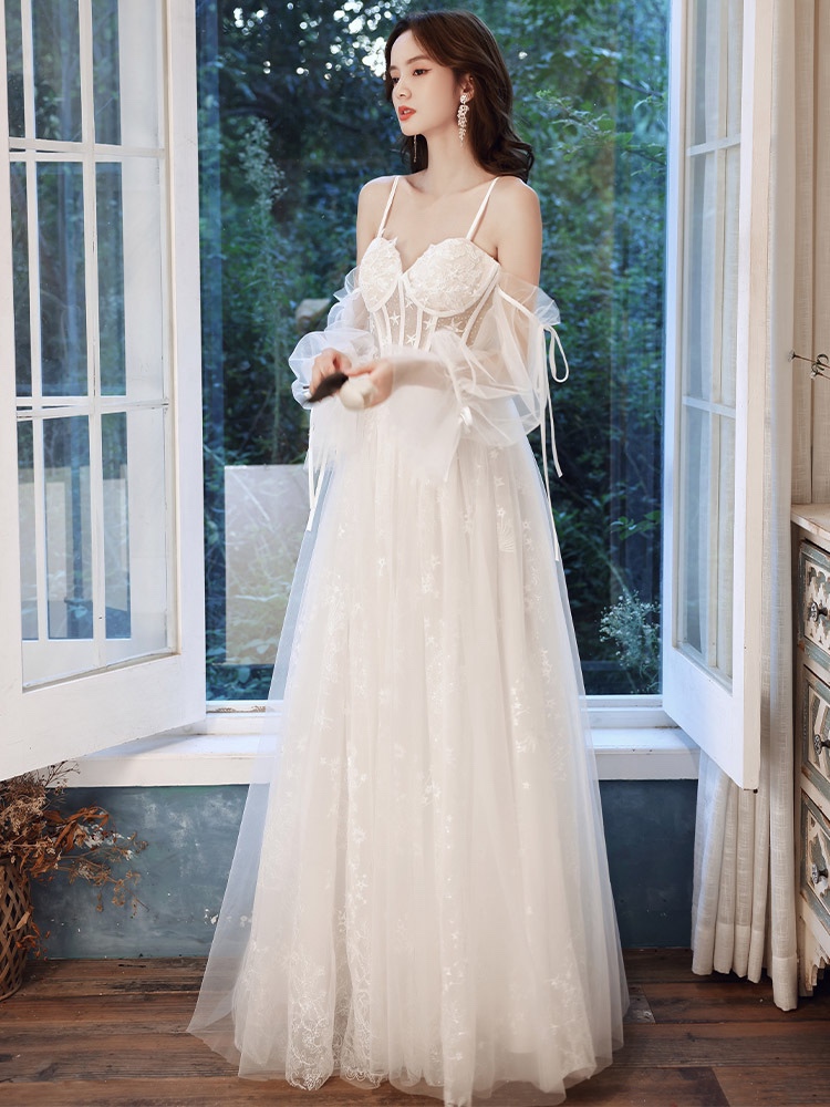 Beautiful White Lace Sweetheart Long Sleeves Formal Gown, White Evening