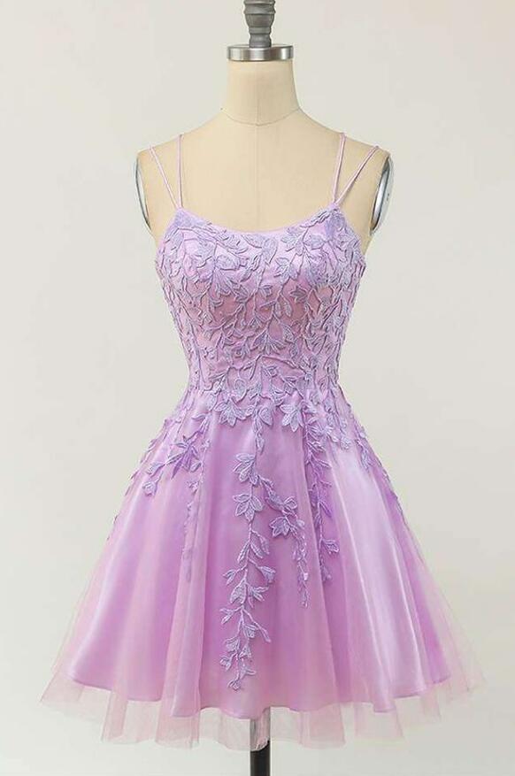 Cute Purple Lace And Tulle Short Straps Homecoming Dress Prom Dress, Purple Formal Dresses