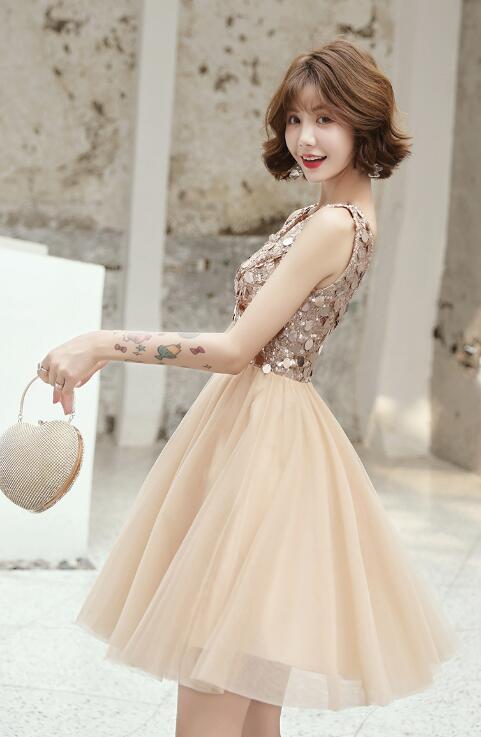 Cute Champagne Sequins Tulle Short Prom Dresses, Lovely Homecoming Dresses