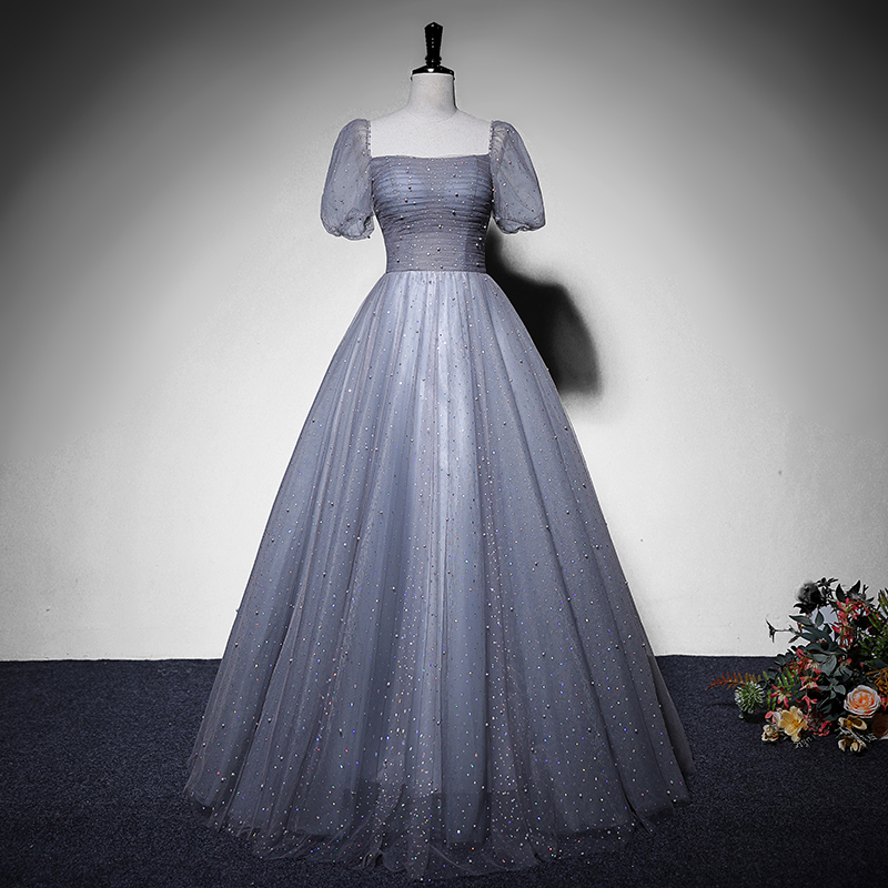 Beautiful Grey Short Sleeves Tulle Long Party Dress, Grey Formal Gown Evening Dresses