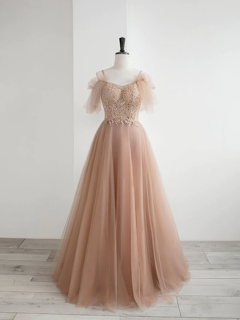 Charming Pink Tulle A-line Prom Dress With Lace Applique, Pink Formal Gown Prom Dress