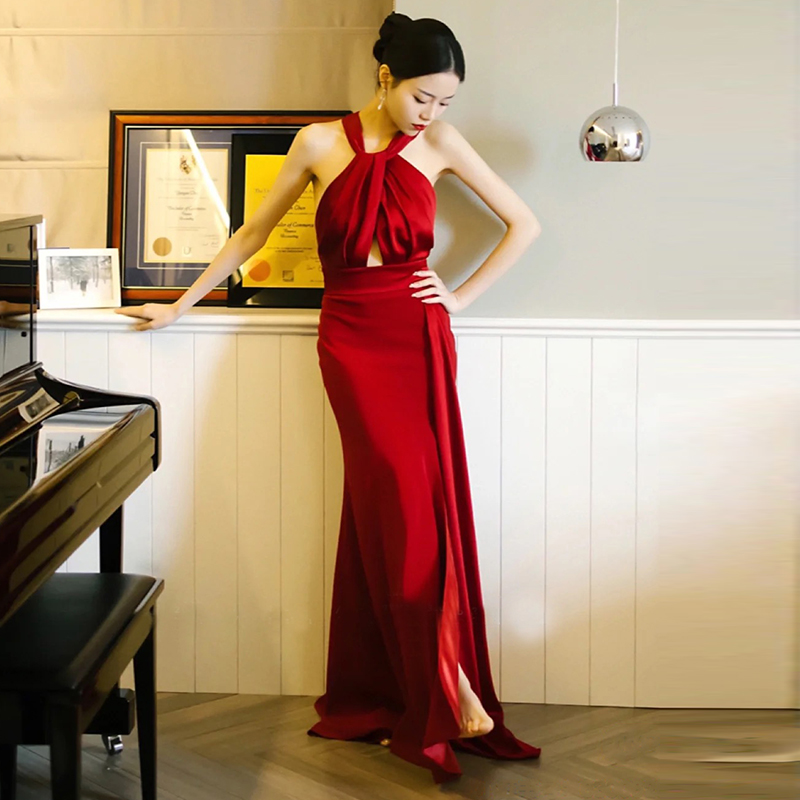 Wine Red Satin Halter Long Evening Dress Party Dress With Slit, Dark Red Floor Length