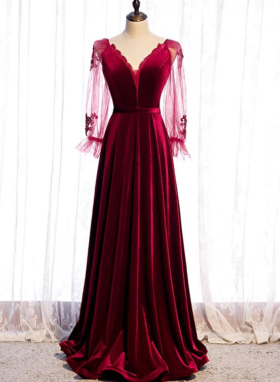 Elegant Wine Red Velvet Long Party Dress Prom Dress, A-Line Long Sleeves Formal Dresses