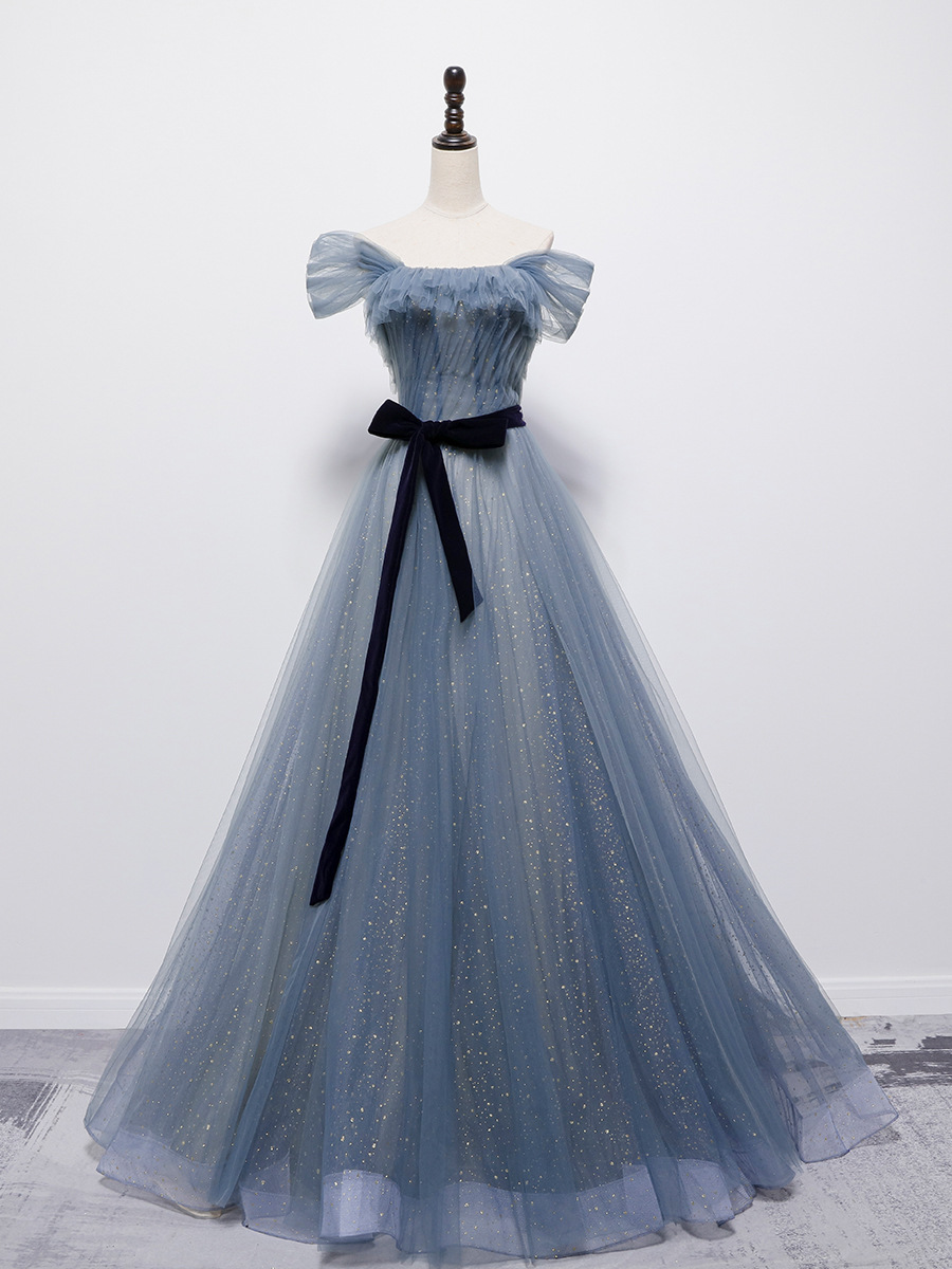 Grey-Blue Tulle Off Shoulder Long Party Dress with Bow, A-line Floor Length Prom Dress