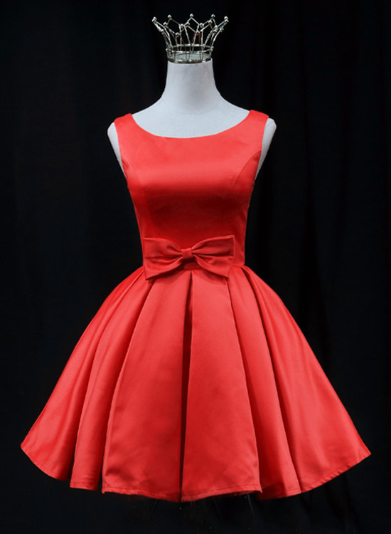 Beautiful Red Satin Short Knee Length Party Dress Prom Dress, Red Homecoming Dresses