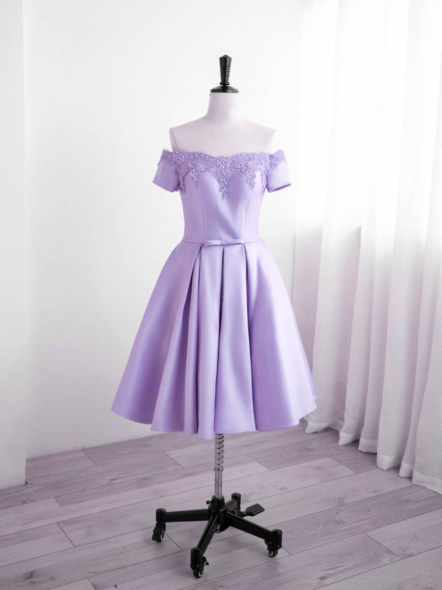 Purple Satin With Lace Short Homecoming Dress, A-line Short Prom Dress