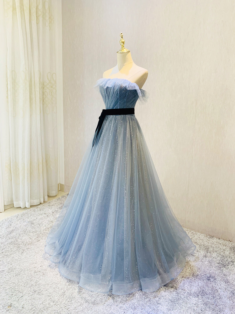 Tulle Shiny Long Party Dress With Belt, Beautiful A-line Blue Formal Dresses