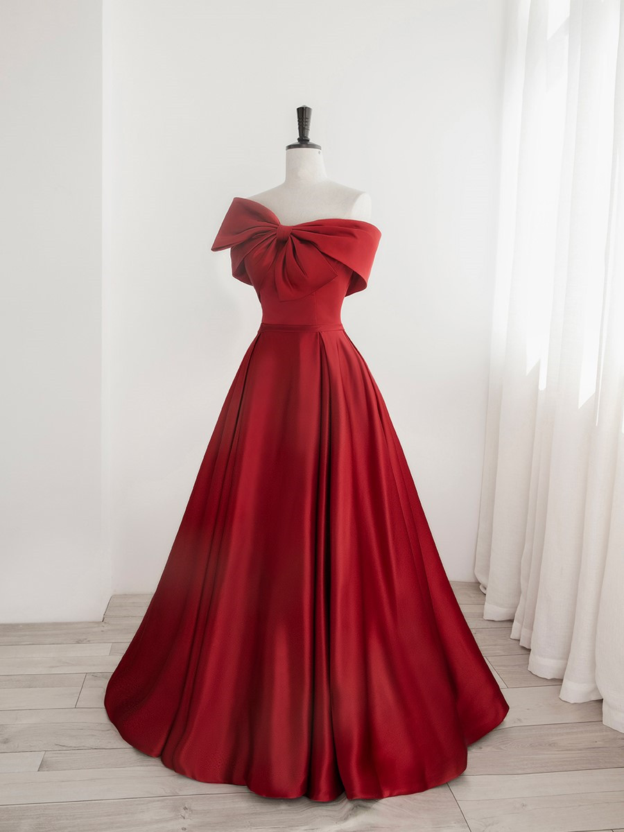 Red Satin Long A-line Floor Length Prom Evening Dress, Red Party Dress