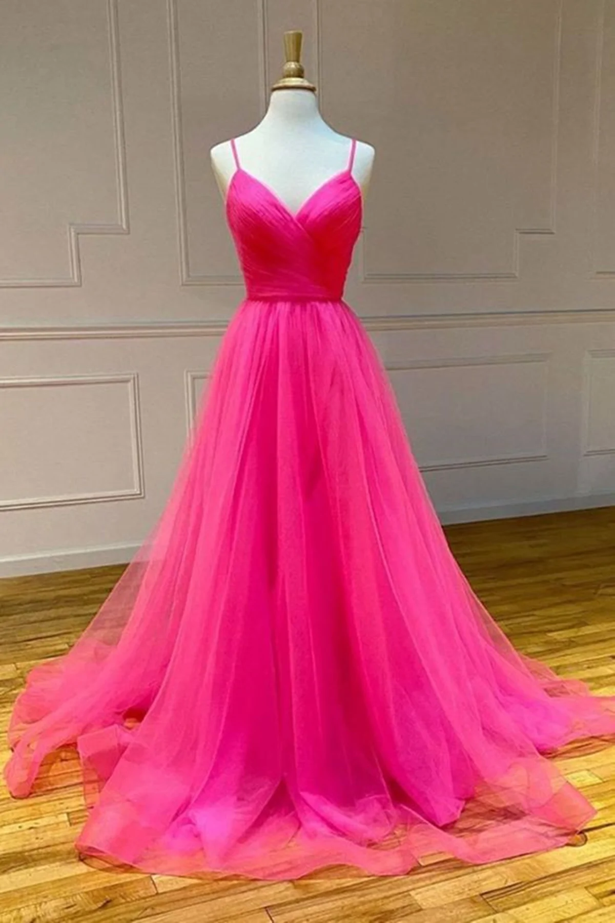 Lovely Pink Tulle Cross Back Long Formal Dress, Pink Tulle Evening Dress