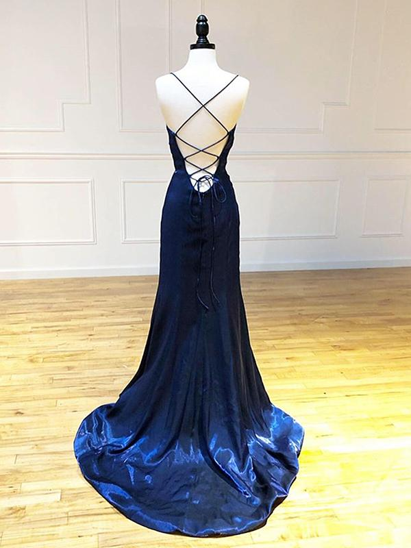 Modest Sheath Straps Navy Blue Velvet Slit Prom Dresses Long Evening Dress C2865 main image 1