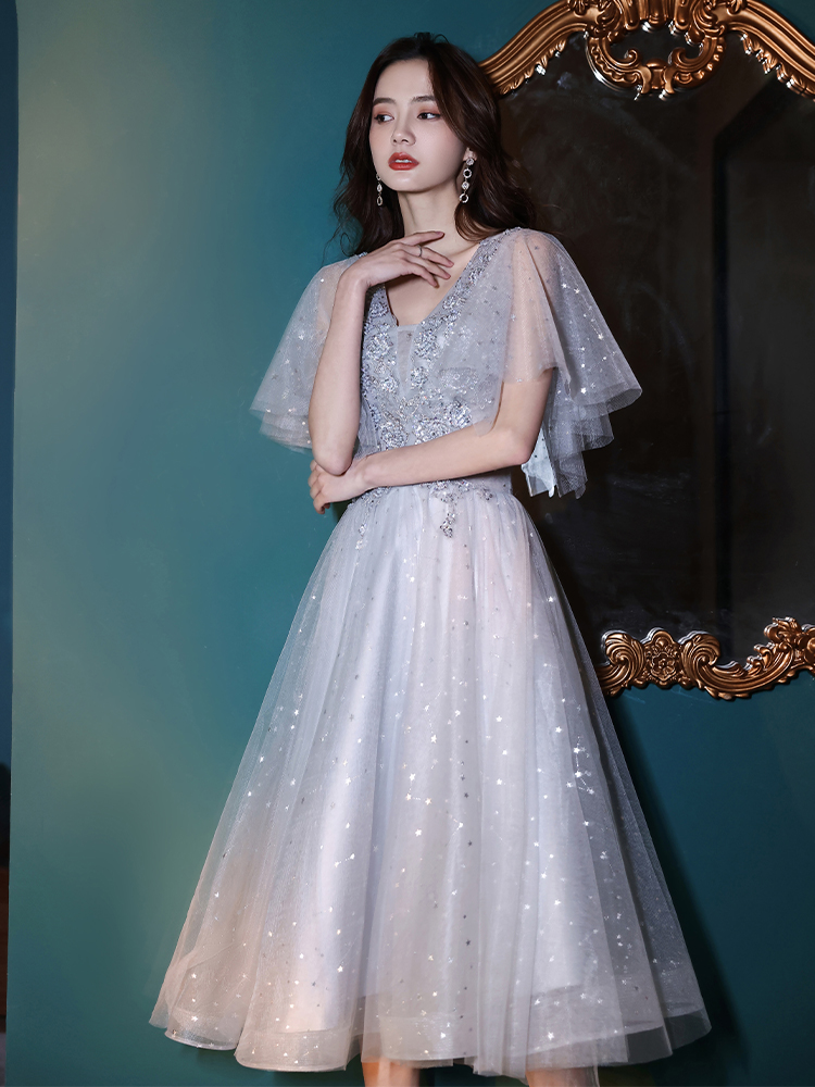 Sliver Grey Tulle Beaded Lace Short Party Dress, Tea Length Grey Formal Dresses
