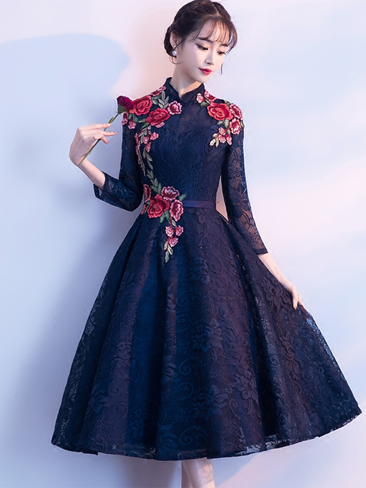 Navy Blue Lace Tea Length Party Dress With Flowers, Blue Bridesmaid Dresses