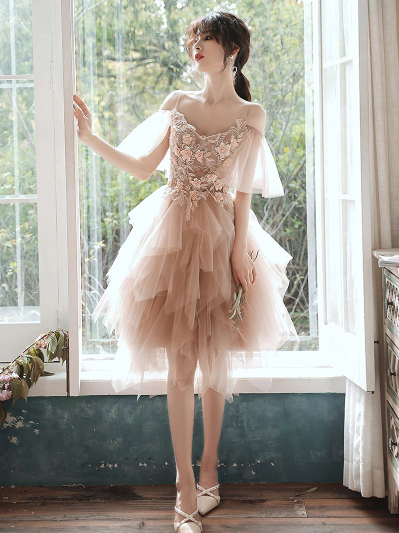 Champagne Tulle Knee Length Party Dress Champagne Graduation Dresses