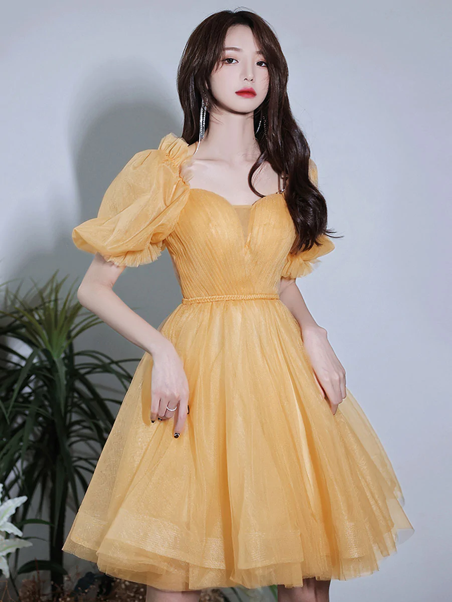Light Yellow Tulle Short Party Dress Homecoming Dress, Yellow Prom Dress