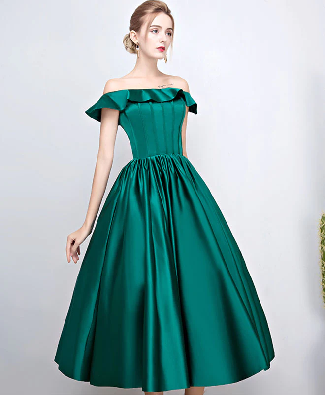 Green Satin Off Shoulder Tea Length Party Dress, Green Bridesmaid ...