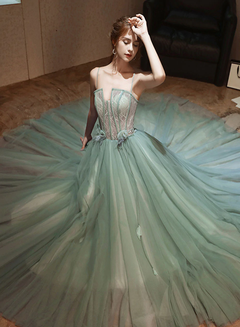 Light Blue Lace And Tulle Long Prom Dress, A-line Floor Length Formal Dress