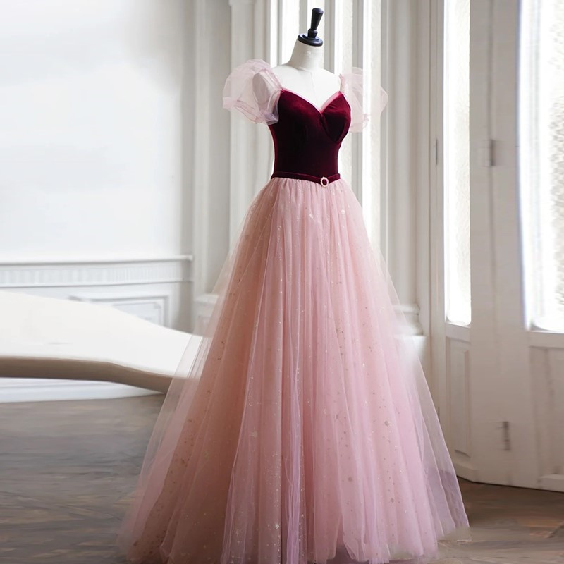 Pink Tulle And Velvet Short Sleeves Party Dress, Puffy Sleeves Prom Dress