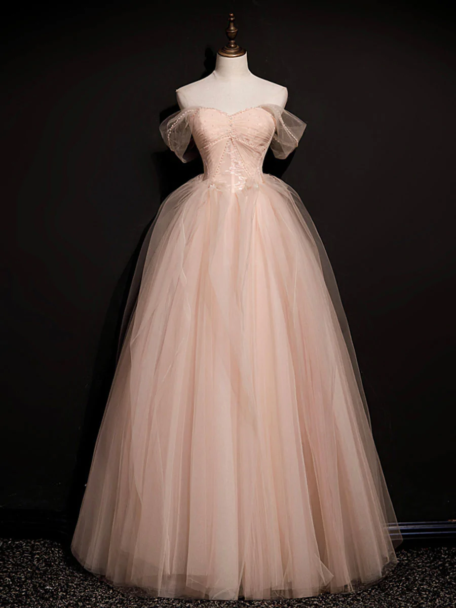 Pink Off Shoulder Tulle Long Party Dress Prom Dress, Pink Pricess Gown