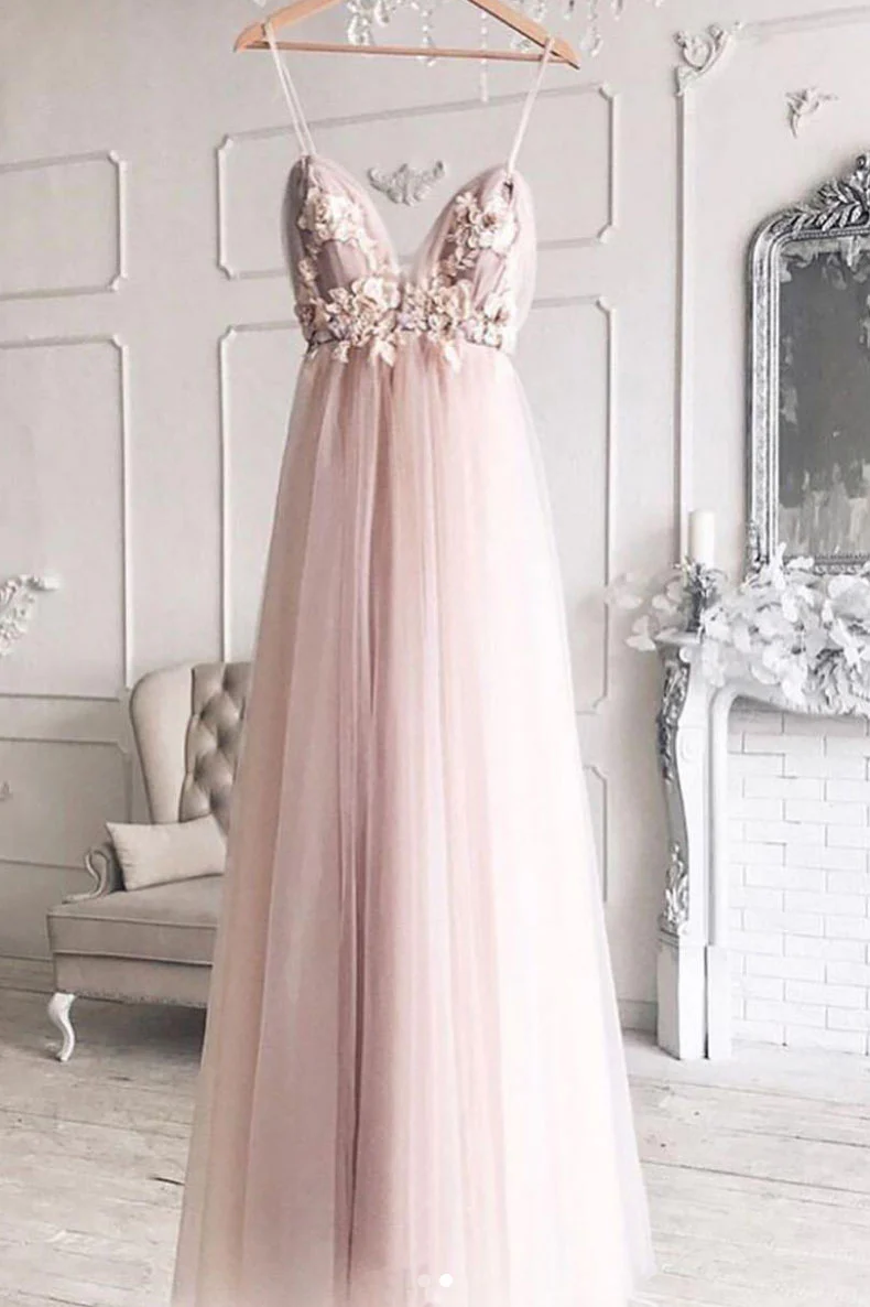 Beautiful Light Pink Tulle Straps Flowers Long Party Dress, Pink Prom Dress