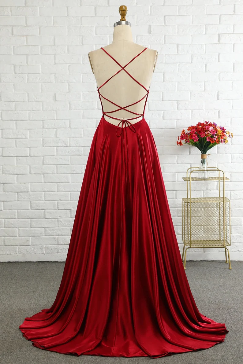 Stunning Alluring V-neck Spaghetti Straps Satin Long Dresses Burnt Orange