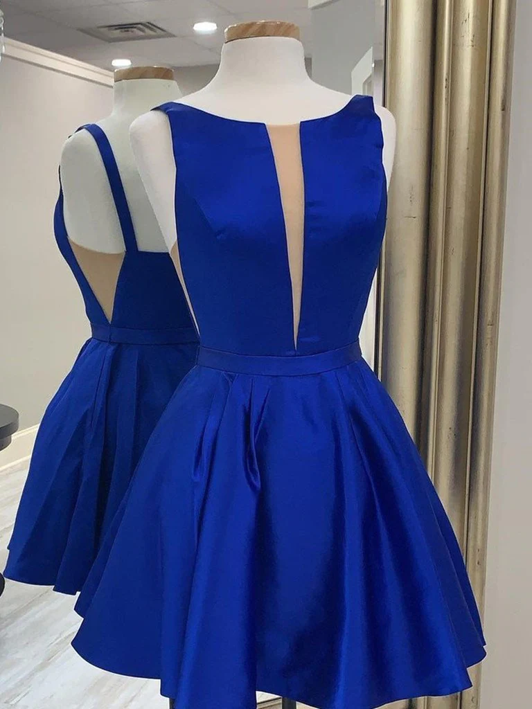 Blue Satin Knee Length Homecoming Dress, Blue Cute Short Party Dress