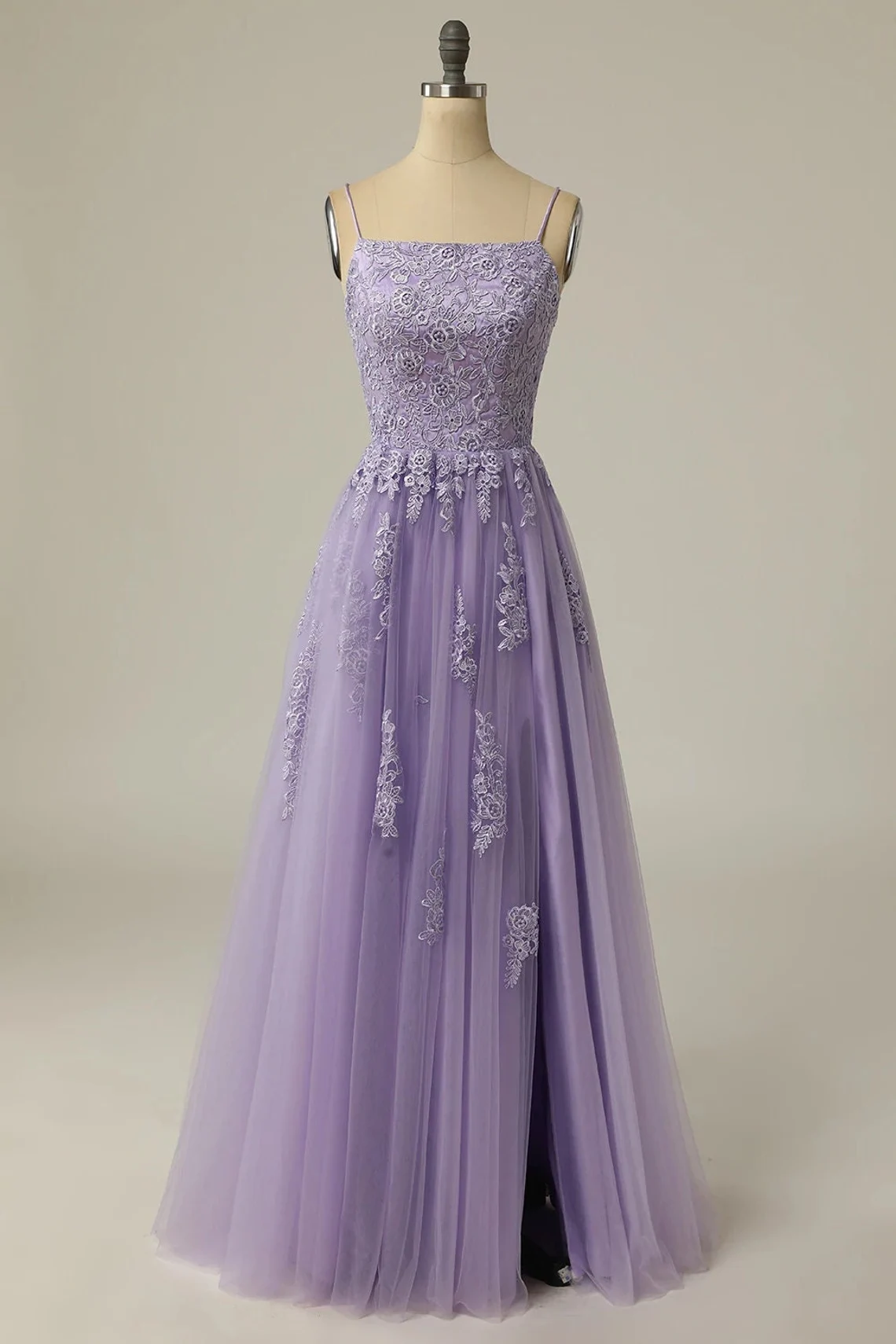 Light Purple Tulle Straps Long Party Dress With Lace, A-line Floor Length Evening Dress