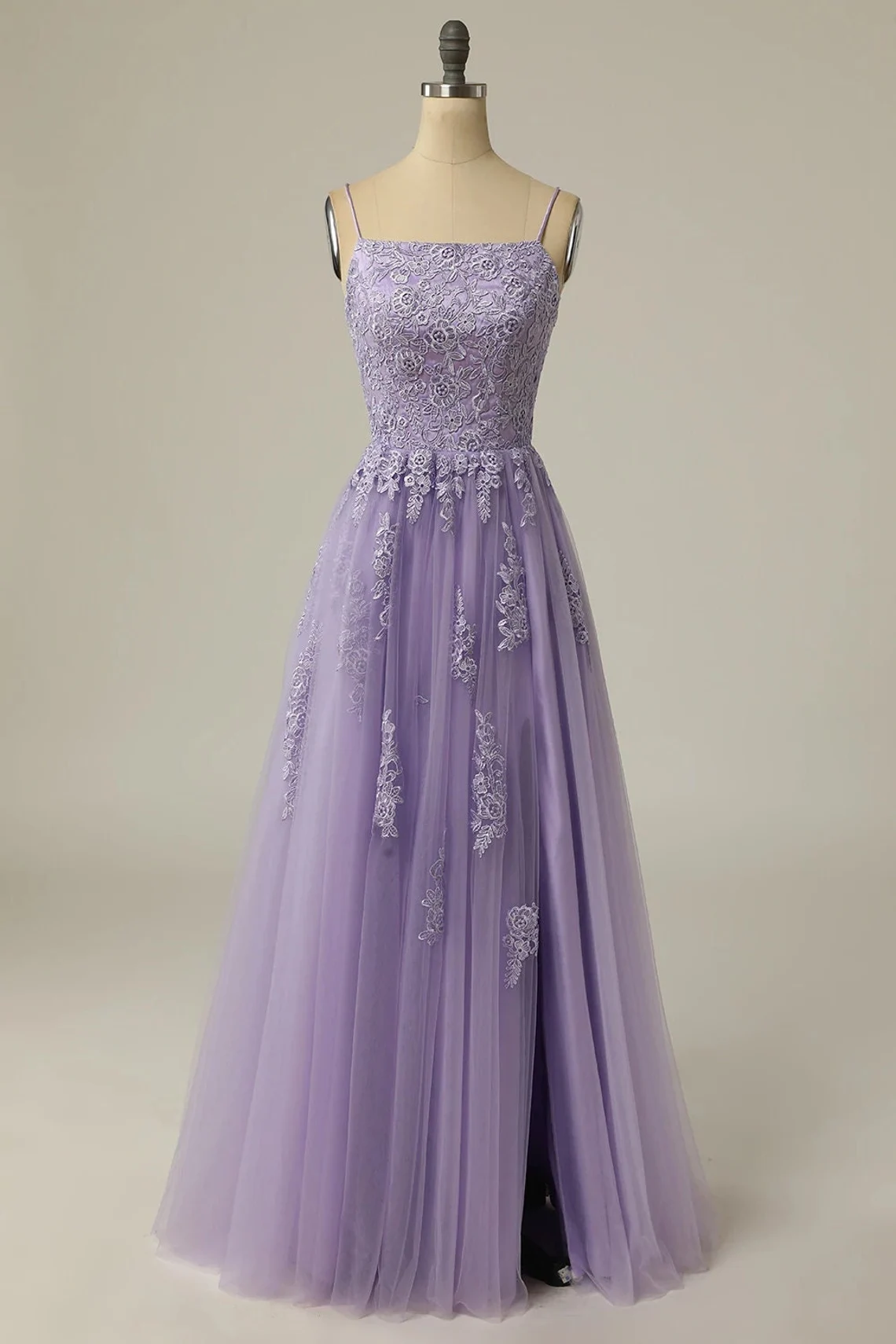 Light Purple Tulle Straps Long Party Dress With Lace, A-line Floor