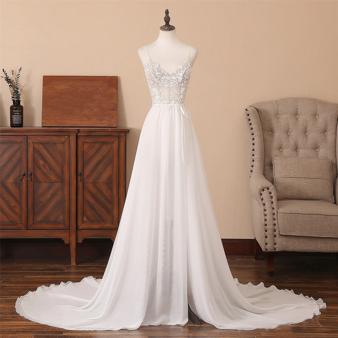 Ivory Chiffon And Lace Long Party Dress Prom Dress With Slit, A-line Long Formal Gown