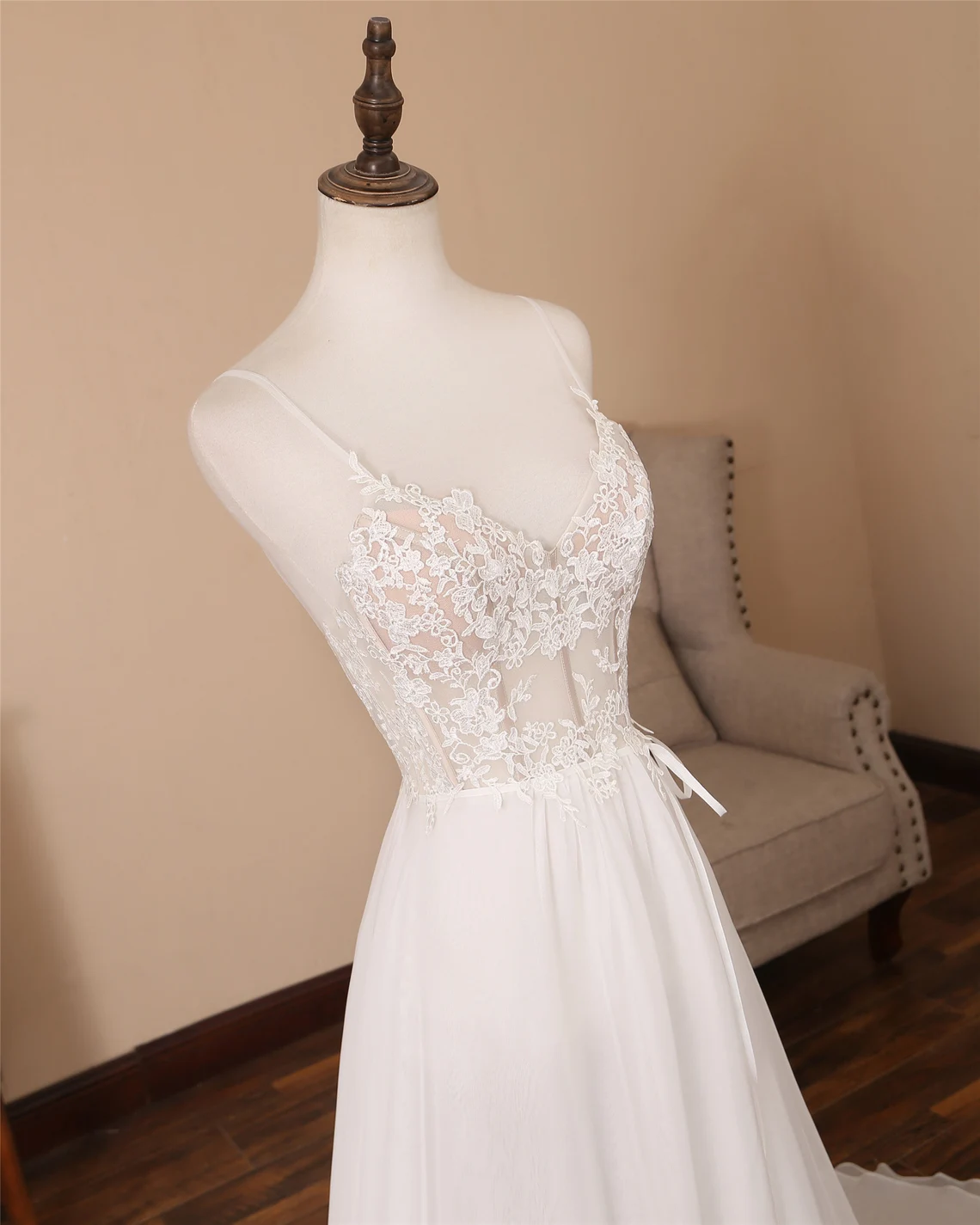 Charming Ivory Prom Dress Lace Chiffon A-Line Evening Dress C8228