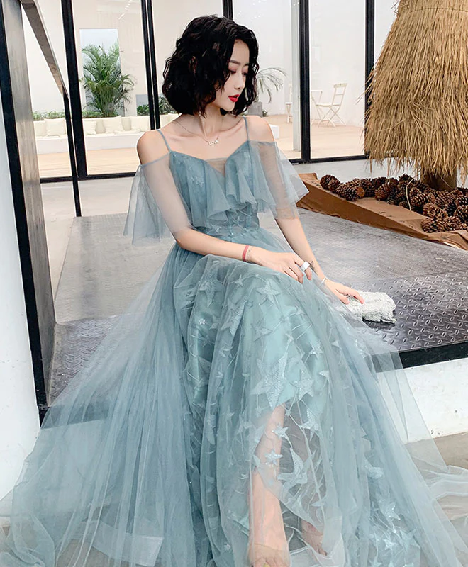 Cute Green Tulle Off Shoulder Long Straps Party Dress, Green Formal Dresses