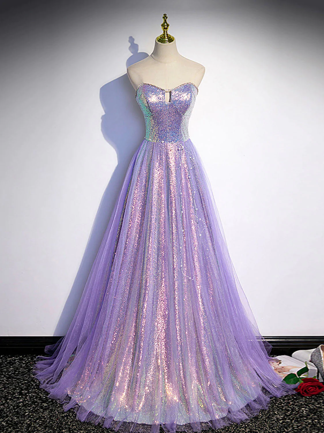 Lovely Purple Tulle And Sequins Long Sweetheart Formal Dress, Tulle Evening Dresses