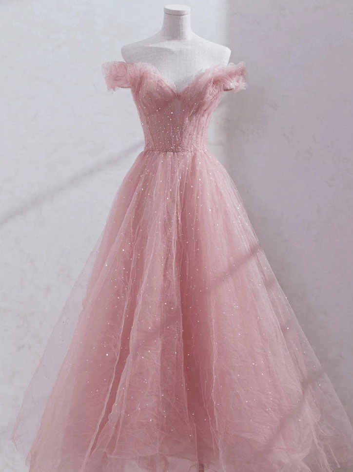 Cute Pink Tulle Sequins Long Off Shoulder Party Dress, Pink Formal Dresses