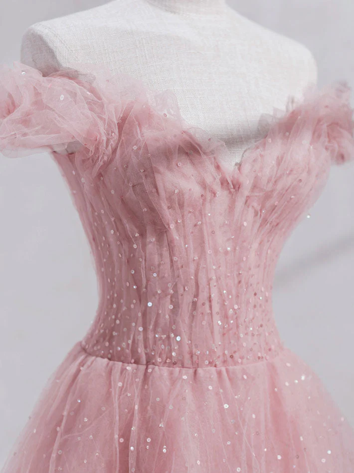 Cute Pink Tulle Sequins Long Off Shoulder Party Dress, Pink Formal — free download
