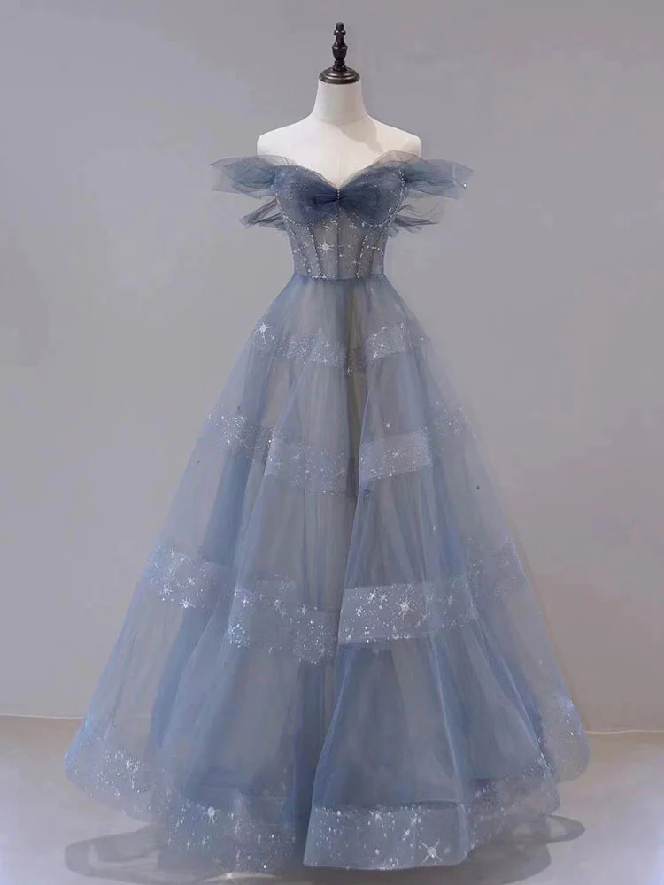 Blue Sweetheart Tulle Long Layers Party Dress, Blue Formal Gown