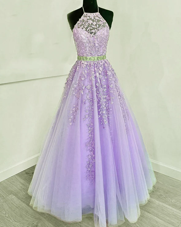 Lavender Tulle With Lace High Neckline Long Party Dress, Lavender Prom Dress