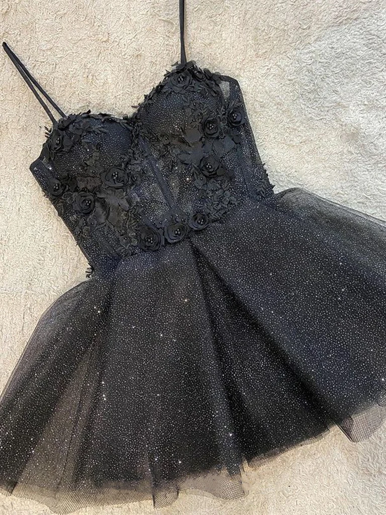 Black Tulle With Lace Short Prom Dress Homecoming Dress, Shiny Tulle Party Dress