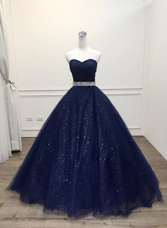 Shiny Tulle Long Sweetheart Beaded Evening Dress, Blue Tulle Formal Dress
