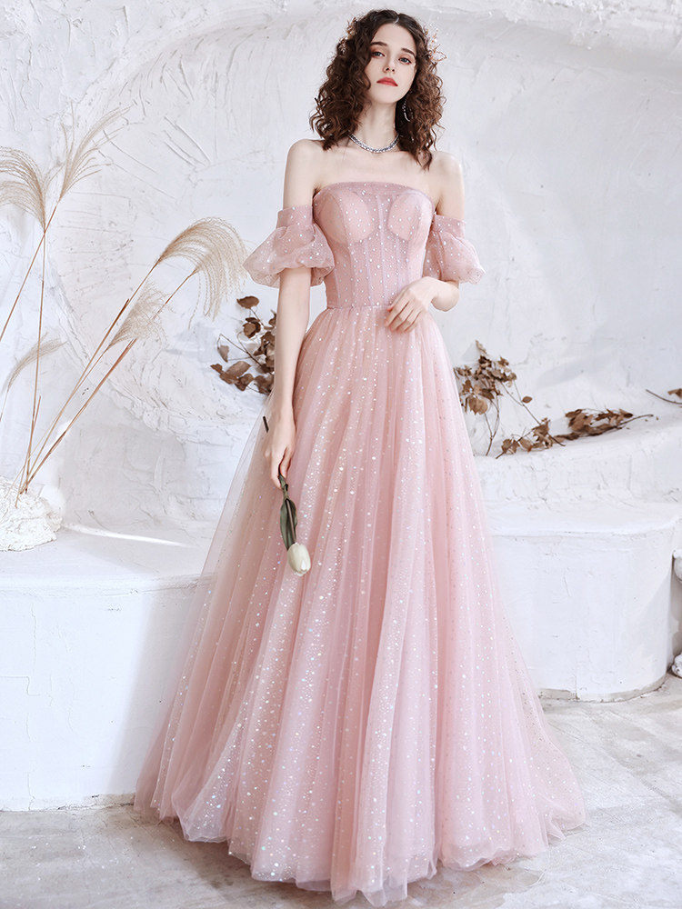 Pink Tulle Long Formal Party Dress, Off Shoulder Pink Evening Dresses
