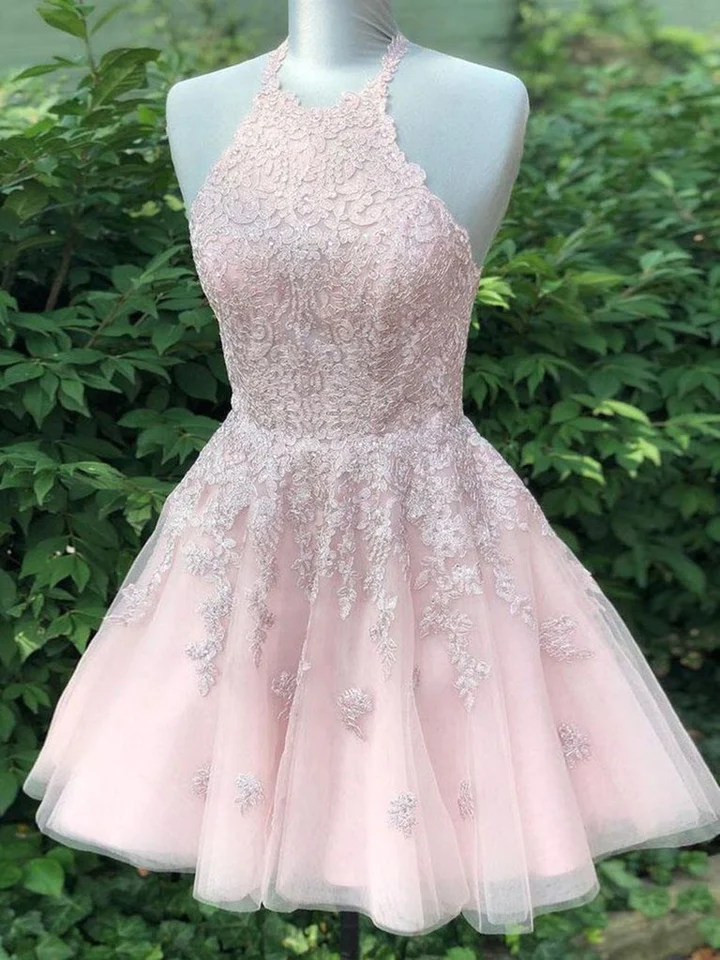 Pink Tulle Halter Homecoming Dress With Lace, Pink Tulle Party Dresses 2025