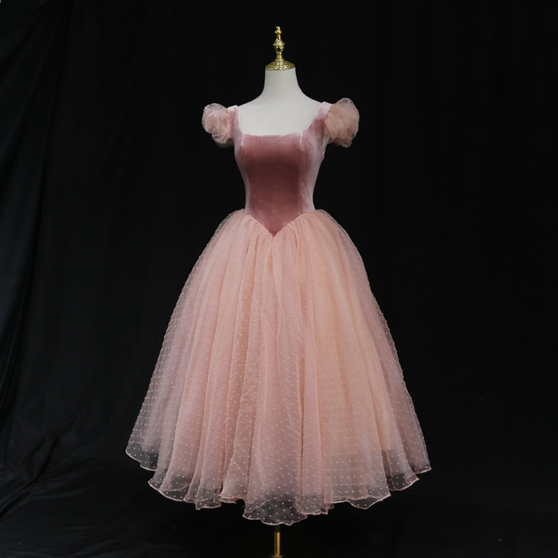 Pink Tulle And Velvet Short Sleeves Party Dress, Pink Tea Length Formal Dress