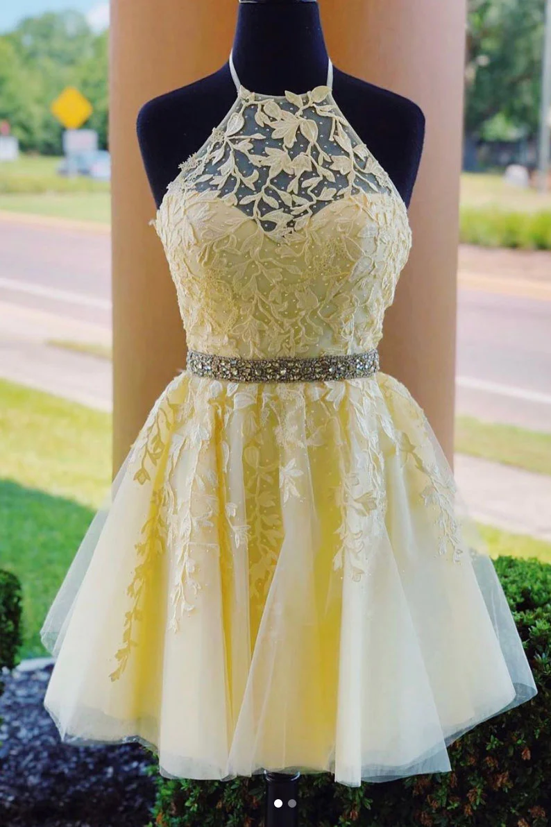 Yellow Tulle Short Halter Lace Beaded Homecoming Dress 2025, Yellow Party Dress